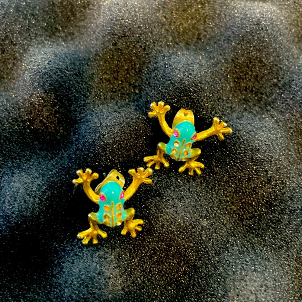 Teal enamel gold frog earrings